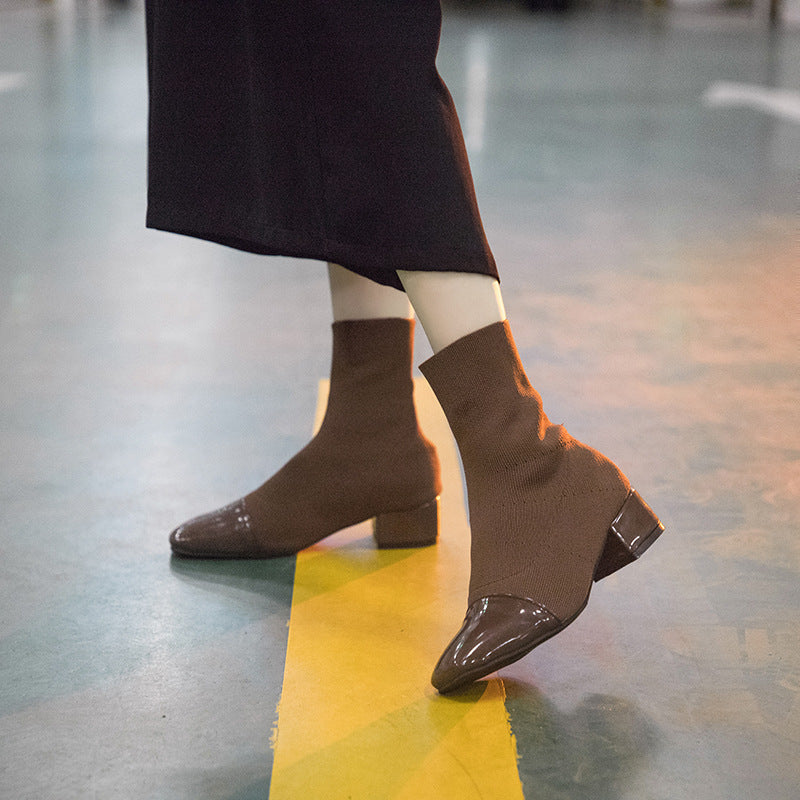 Knit Cuff Block Heel Ankle Boots