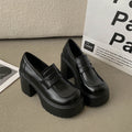 Vintage Style Black Chunky Heeled Loafers for Women