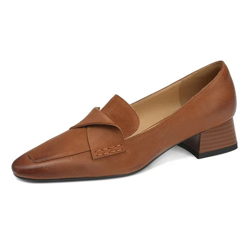 Vintage Chunky Heel Leather Loafers for Women