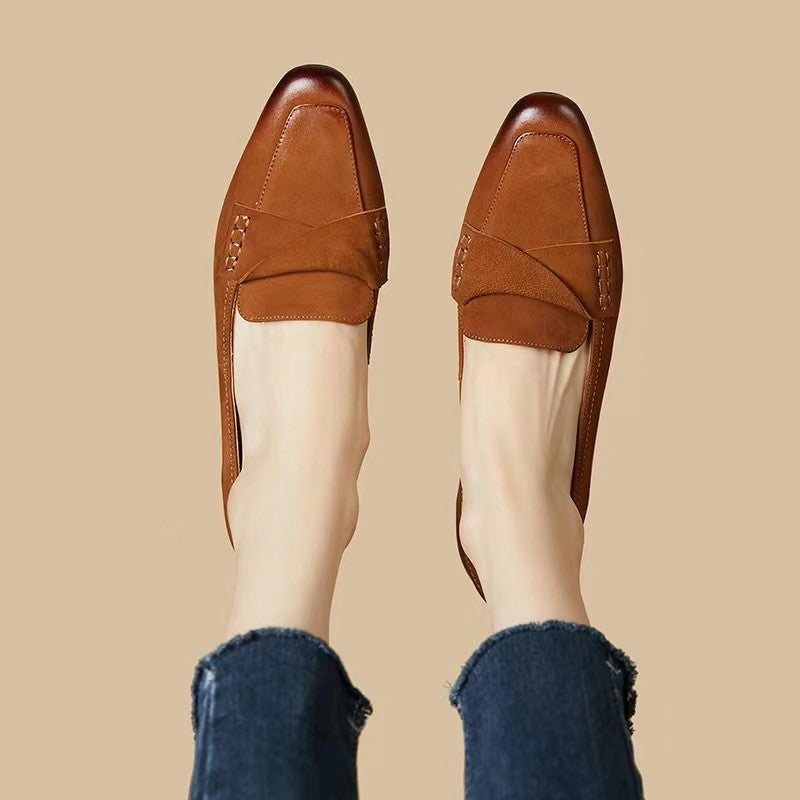 Vintage Chunky Heel Leather Loafers for Women