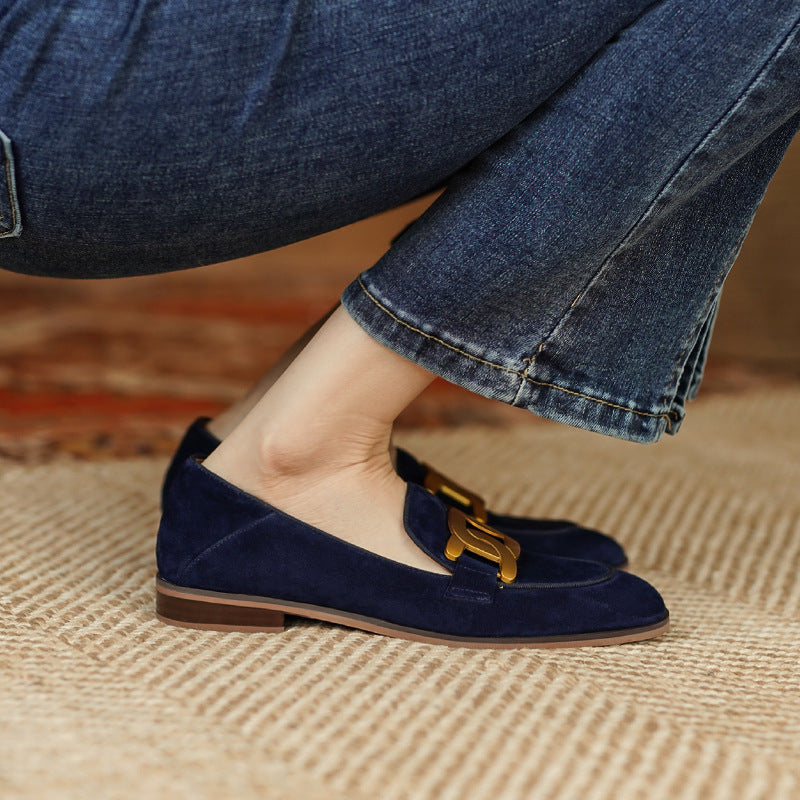 French Vintage Metal Buckle Loafers for Women