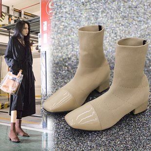 Knitted Ankle Boots with Chunky Heel for Women