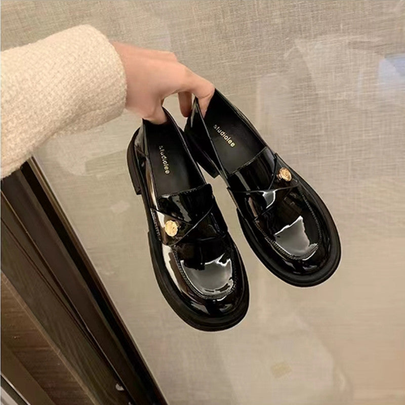British Style Genuine Leather Chunky Heel Loafers for Women