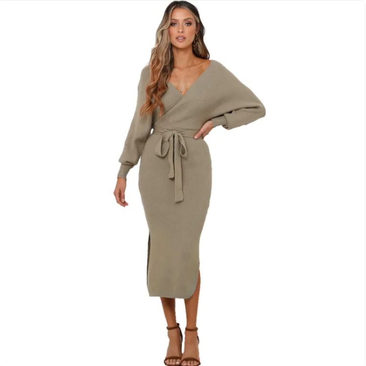 Belted Wrap Knit Midi Dress
