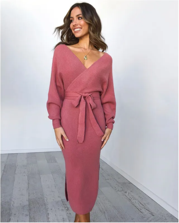 Belted Wrap Knit Midi Dress