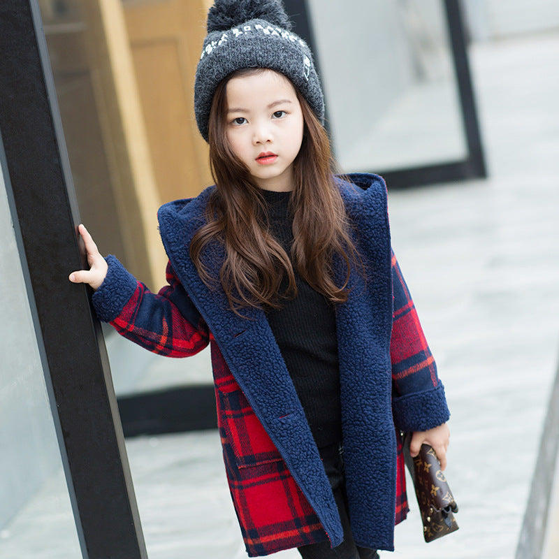 Girls' Plaid Lamb Wool Coat