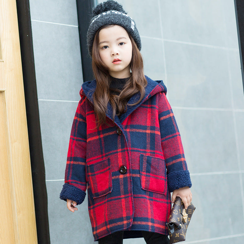 Girls' Plaid Lamb Wool Coat