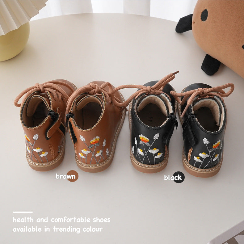 French Floral Embroidered Girls' Princess Boots for Fall