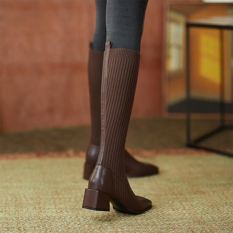 Knit Chunky Heel Knee High Motorcycle Boots for Women