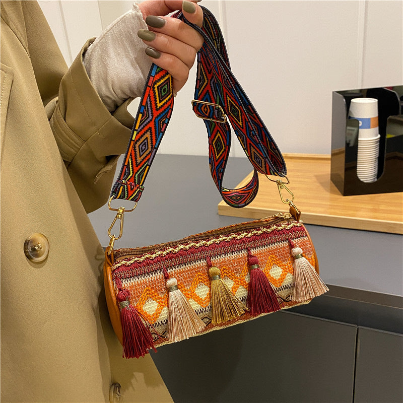 Embroidered Barrel Bag