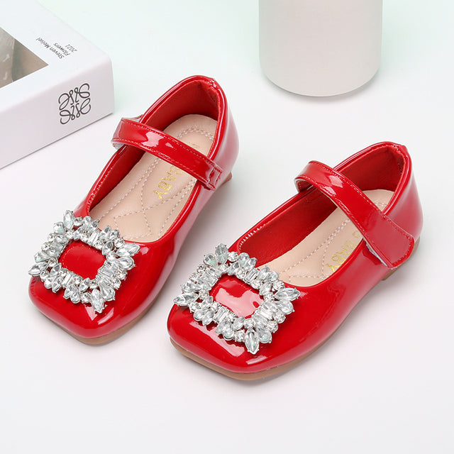 Red Leather Princess Shoes with Rhinestones for Kids