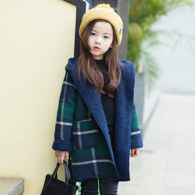 Girls' Plaid Lamb Wool Coat
