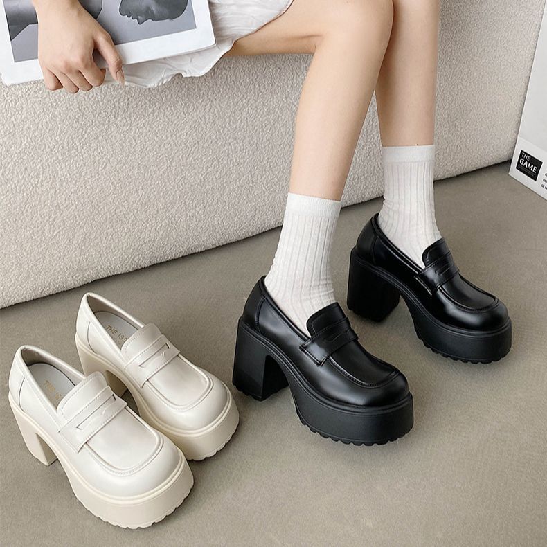 Vintage Style Black Chunky Heeled Loafers for Women