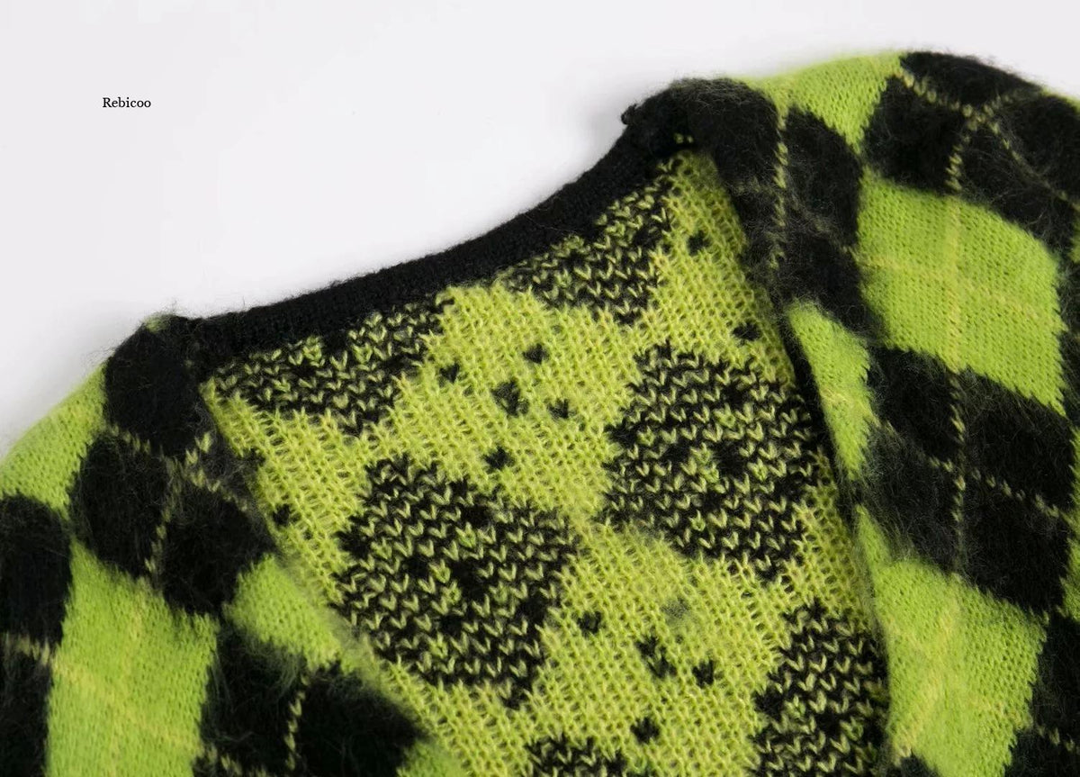 Fluffy Green Plaid Cardigan
