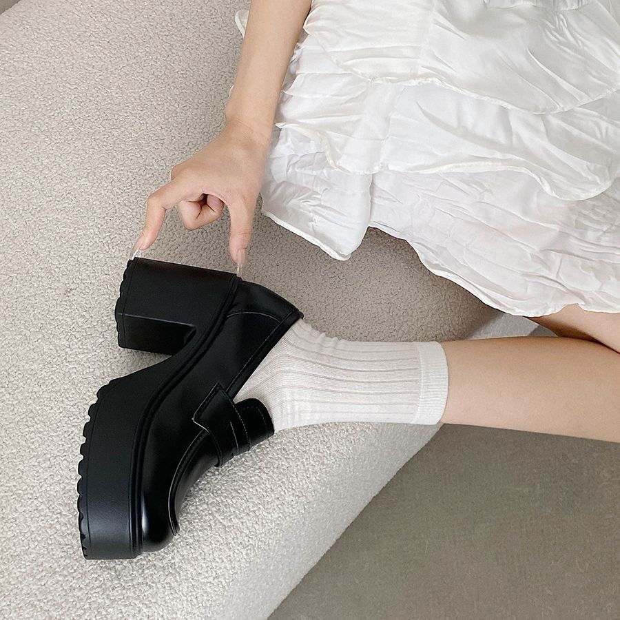 Vintage Style Black Chunky Heeled Loafers for Women