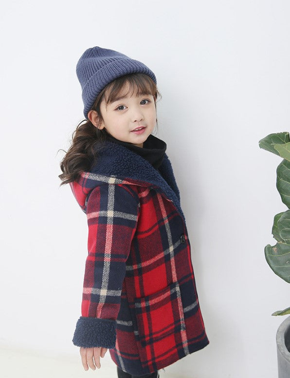 Girls' Plaid Lamb Wool Coat