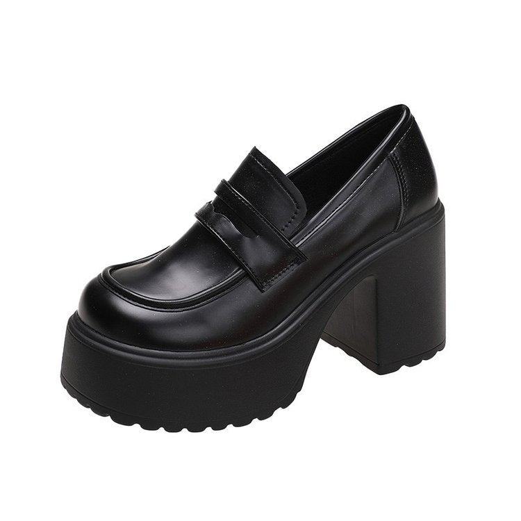 Vintage Style Black Chunky Heeled Loafers for Women