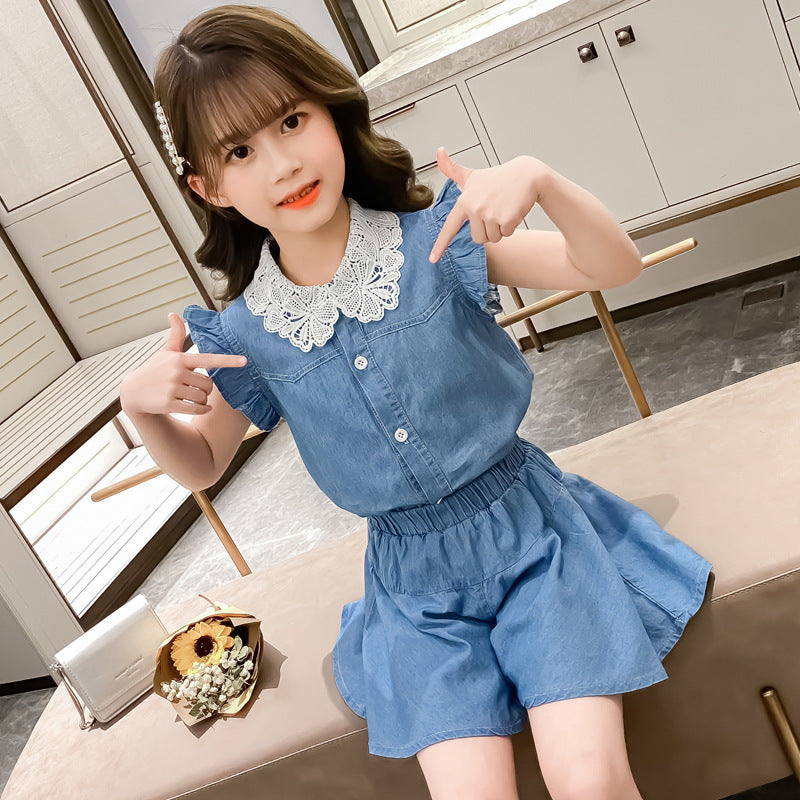 Girls' Lace Collar Denim Set