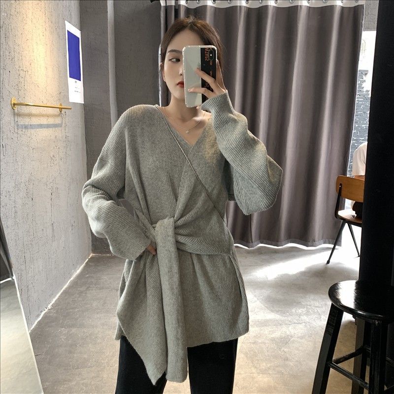 V-Neck Knit Sweater Dress