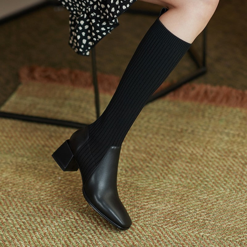 Knit Chunky Heel Knee High Motorcycle Boots for Women