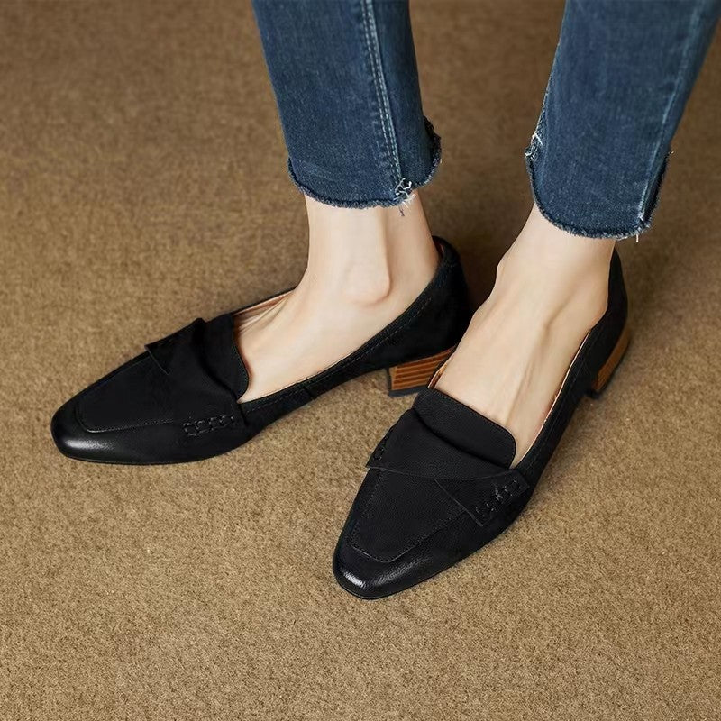Vintage Chunky Heel Leather Loafers for Women