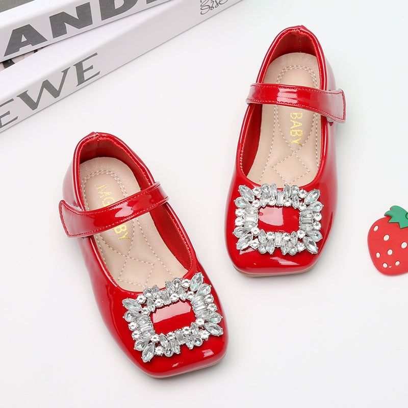 Red Leather Princess Shoes with Rhinestones for Kids