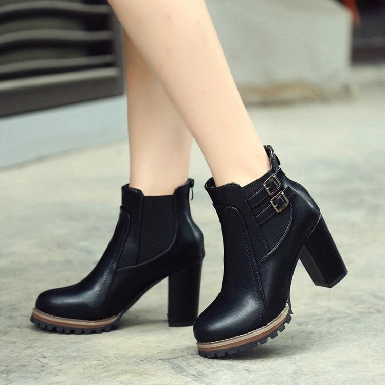 British Vintage Chunky Heel Ankle Boots for Women