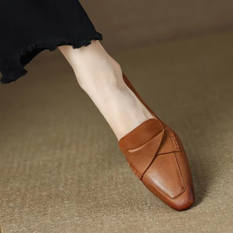 Vintage Chunky Heel Leather Loafers for Women