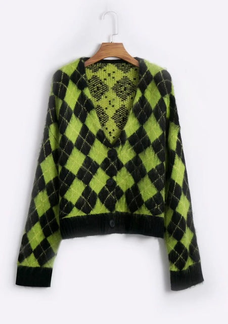 Fluffy Green Plaid Cardigan