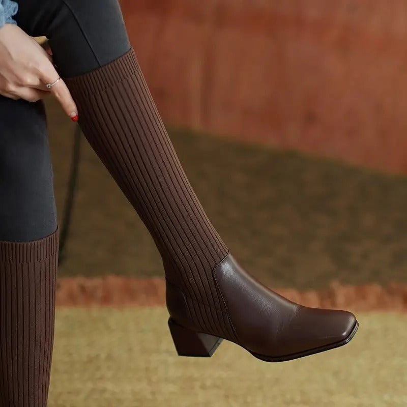 Knit Chunky Heel Knee High Motorcycle Boots for Women