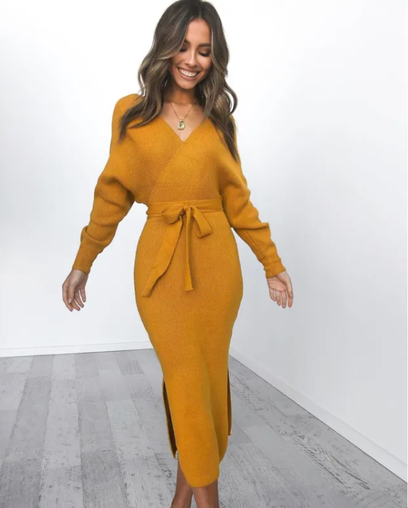 Belted Wrap Knit Midi Dress