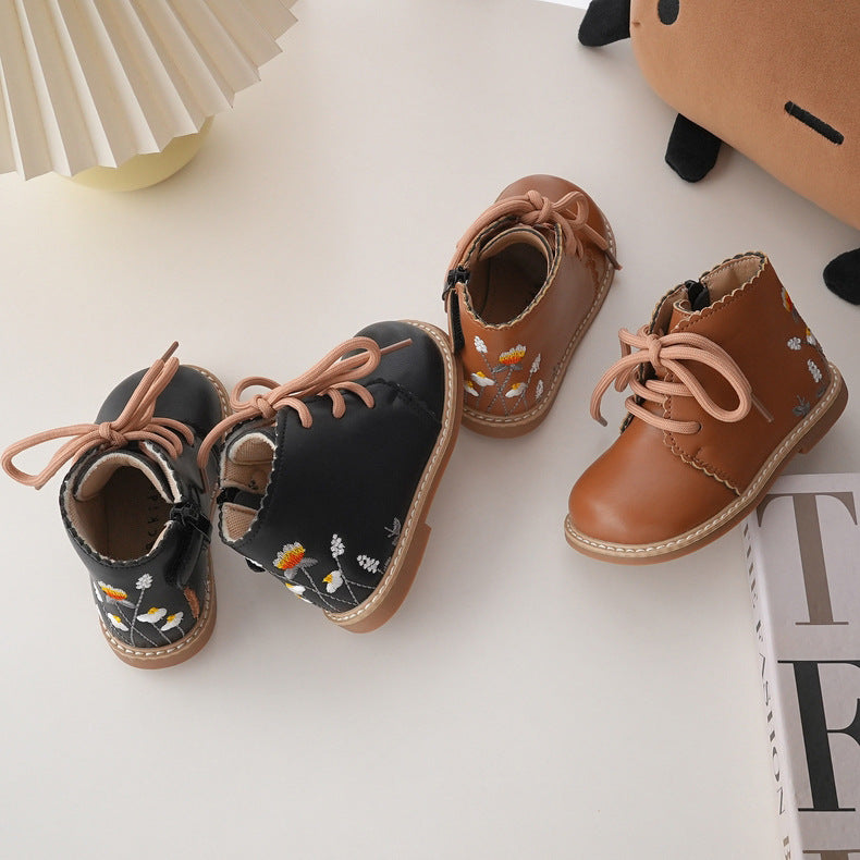 French Floral Embroidered Girls' Princess Boots for Fall