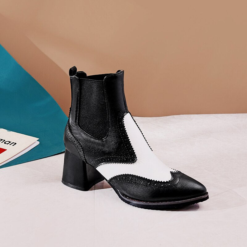 Wingtip Block Heel Ankle Boots