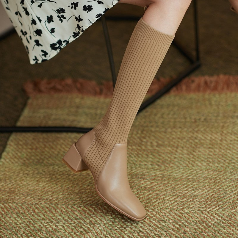 Knit Chunky Heel Knee High Motorcycle Boots for Women