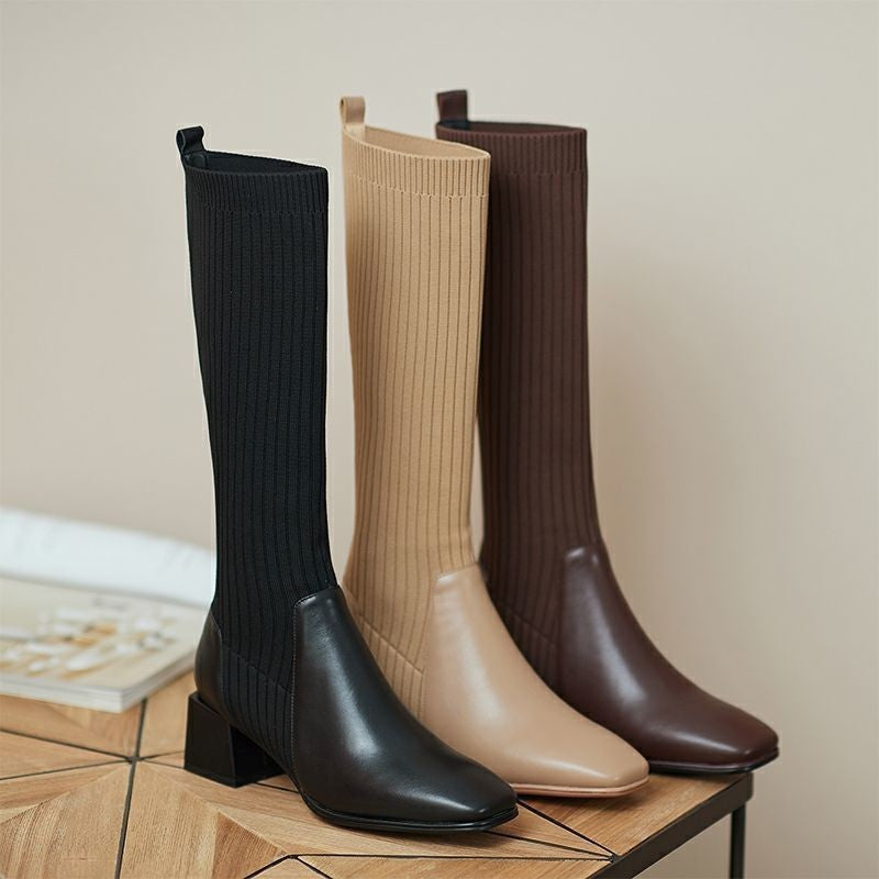 Knit Chunky Heel Knee High Motorcycle Boots for Women