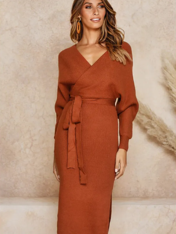 Belted Wrap Knit Midi Dress