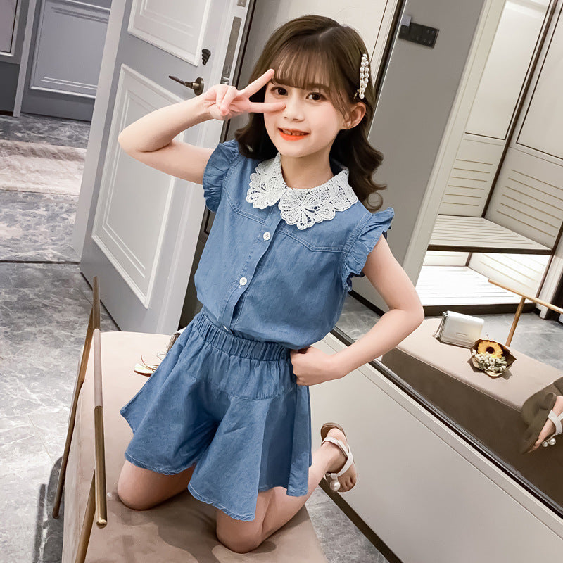 Girls' Lace Collar Denim Set