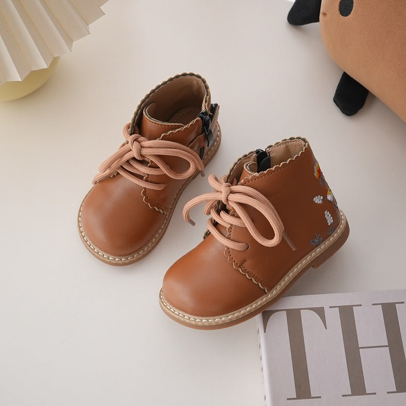 French Floral Embroidered Girls' Princess Boots for Fall