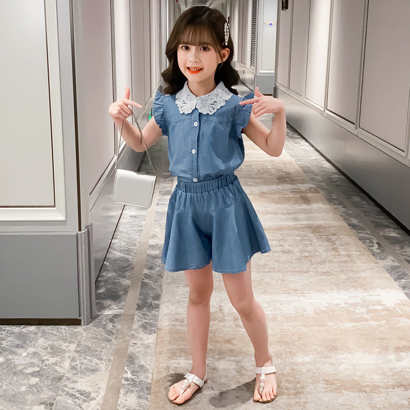Girls' Lace Collar Denim Set