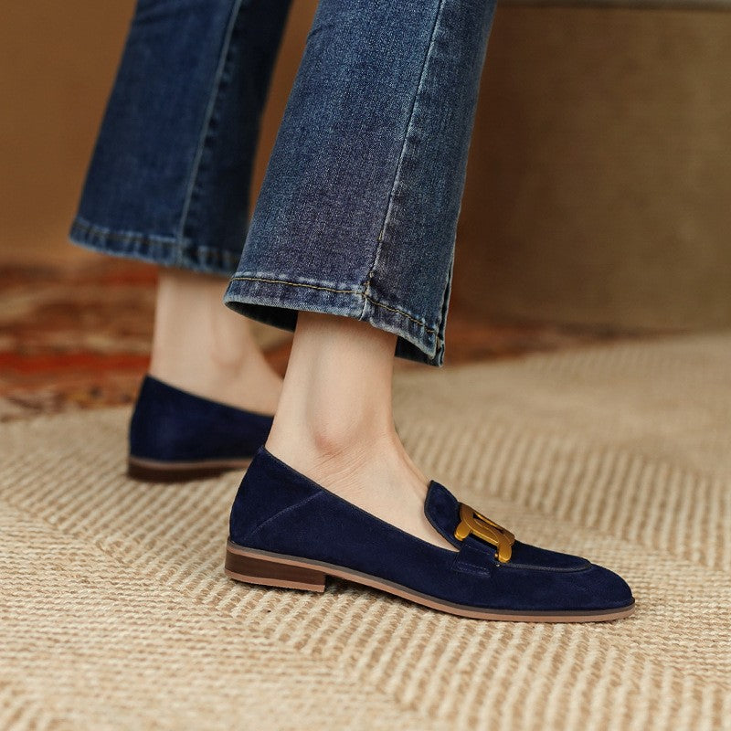 French Vintage Metal Buckle Loafers for Women