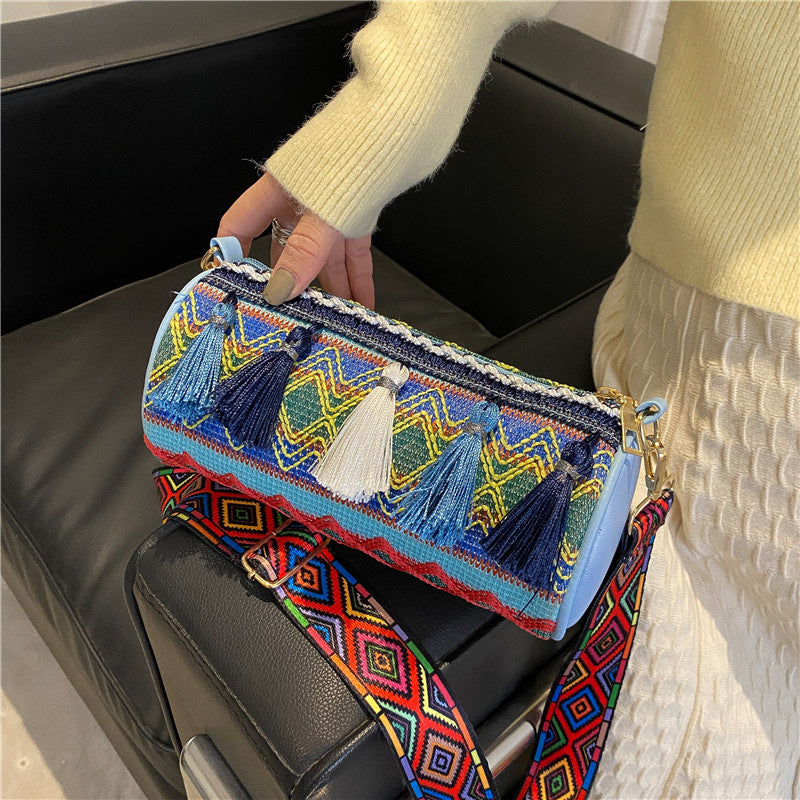 Embroidered Barrel Bag