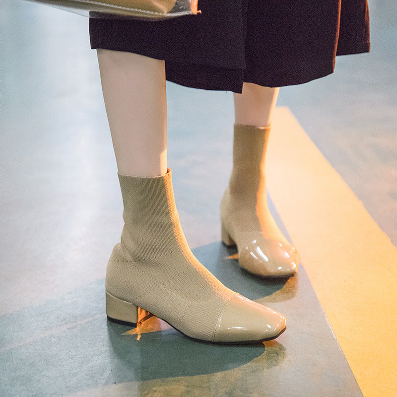 Knit Cuff Block Heel Ankle Boots