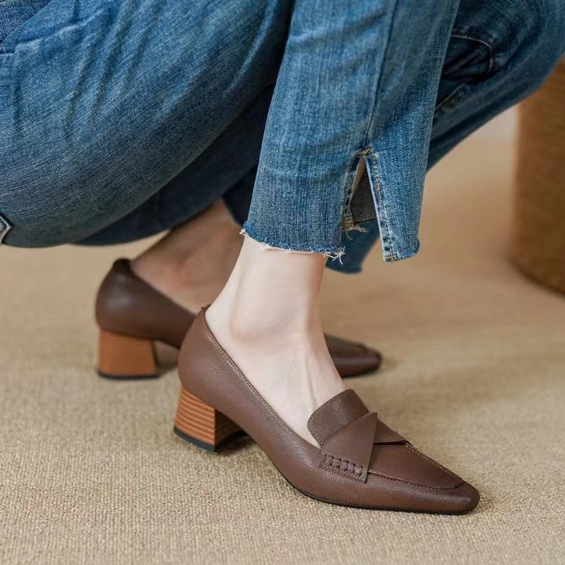 Vintage Chunky Heel Leather Loafers for Women